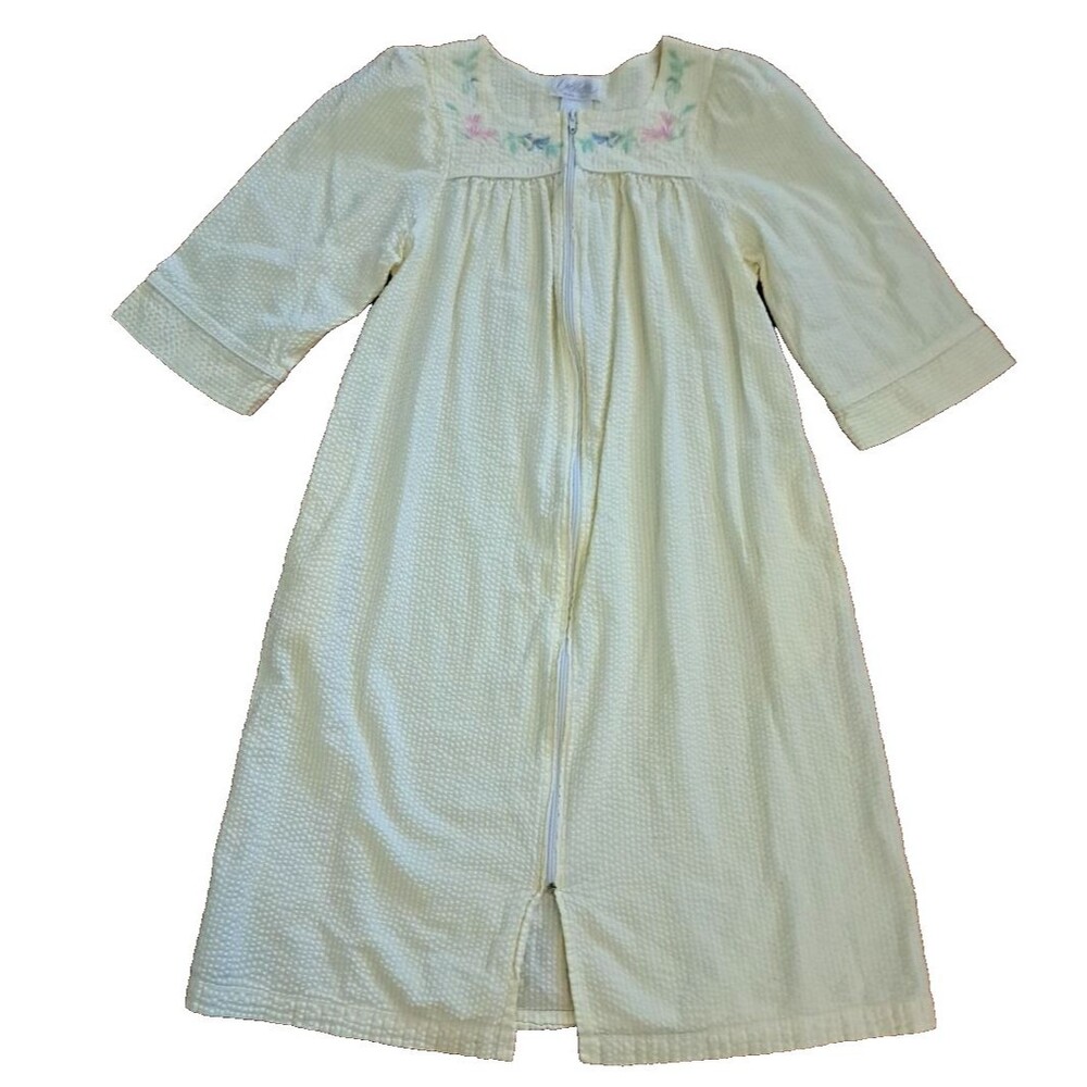 Vintage Seersucker Housecoat Robe Retro Full Zip Yellow Pastel Lightweight S